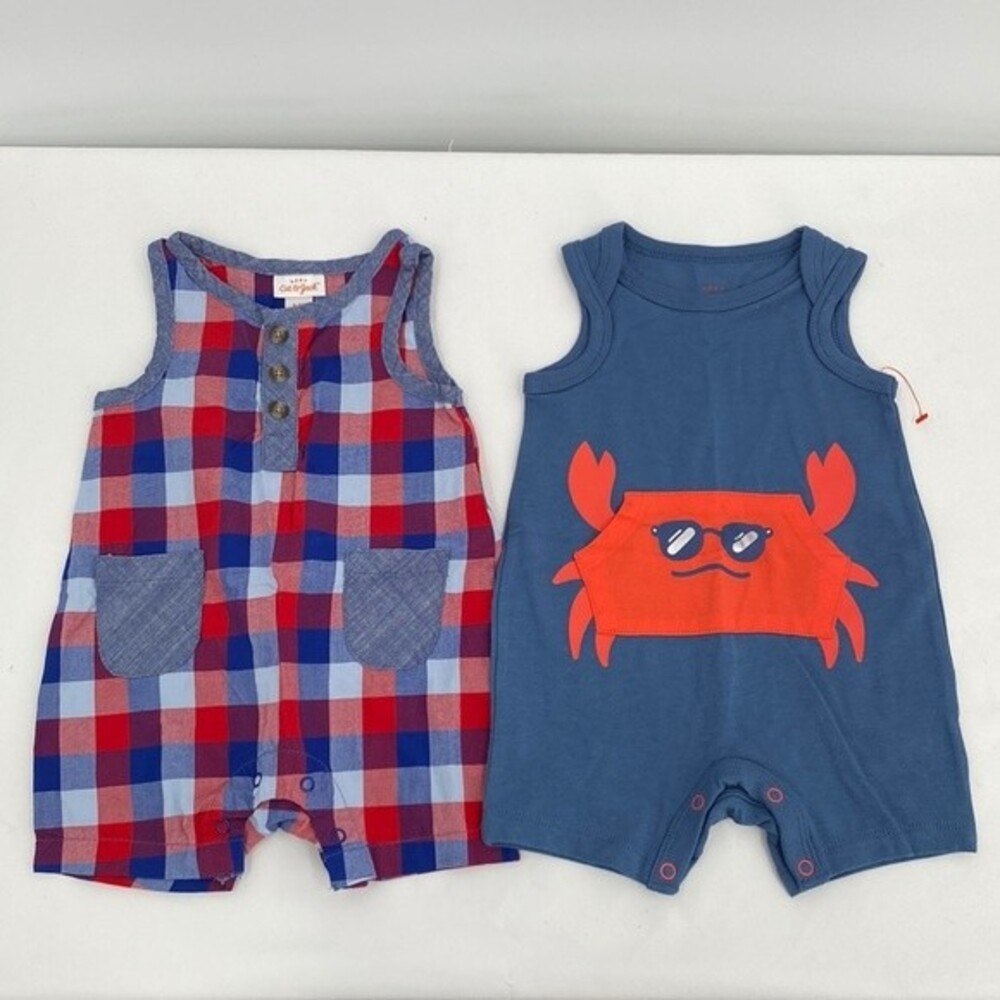 Baby Cat & Jack 0-3 months lot of 2 Blue Plaid Crab Shorts Romper Jumpsuit New